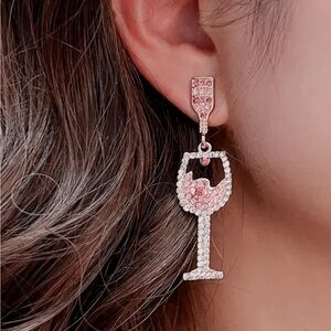 Pink Champange Glass Earrings, Rhinestone Champange Glass and Bottle Earrings